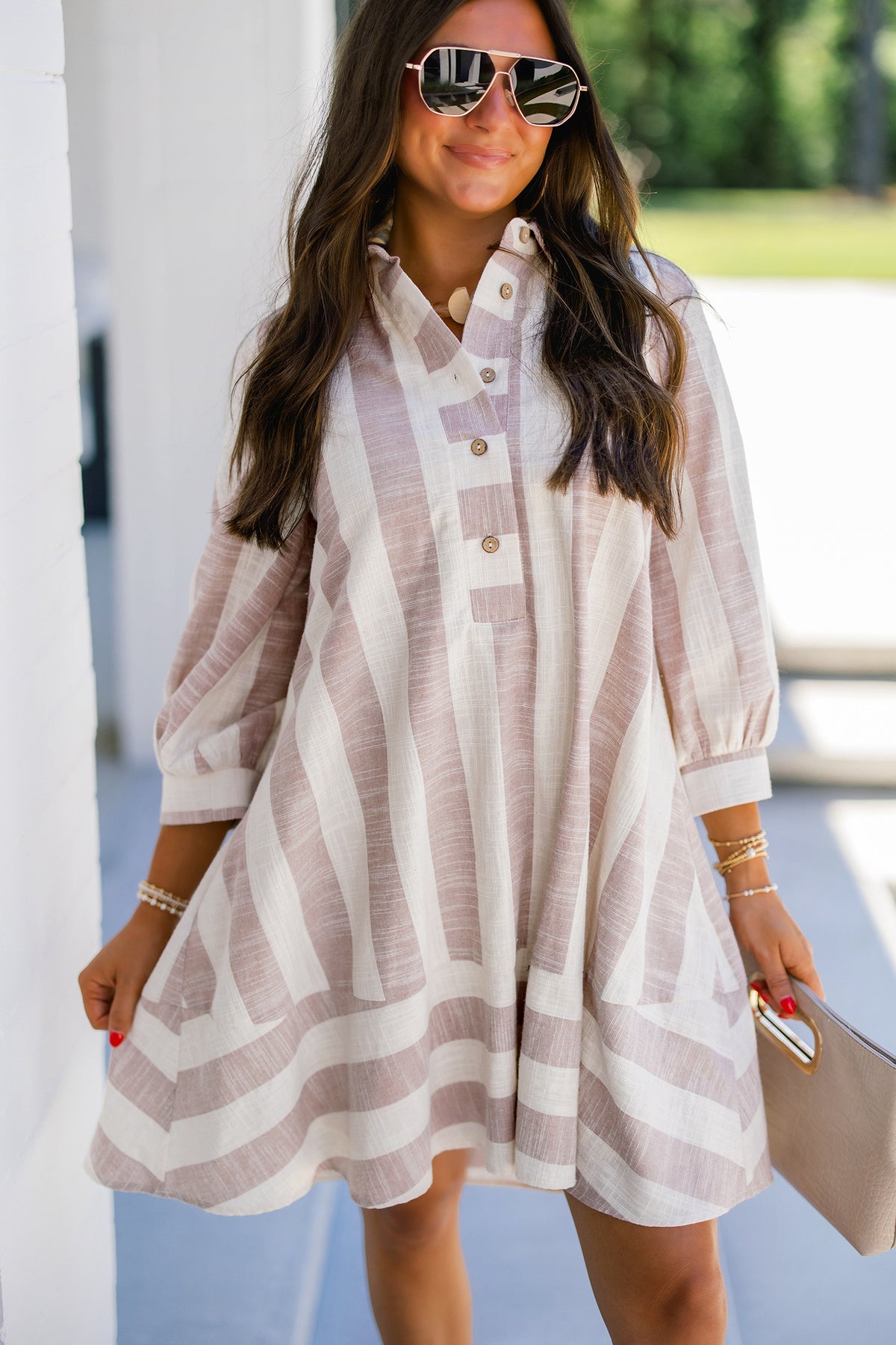 Khaki Stripe Button Up Three Quarter Sleeve Short Shift Dress