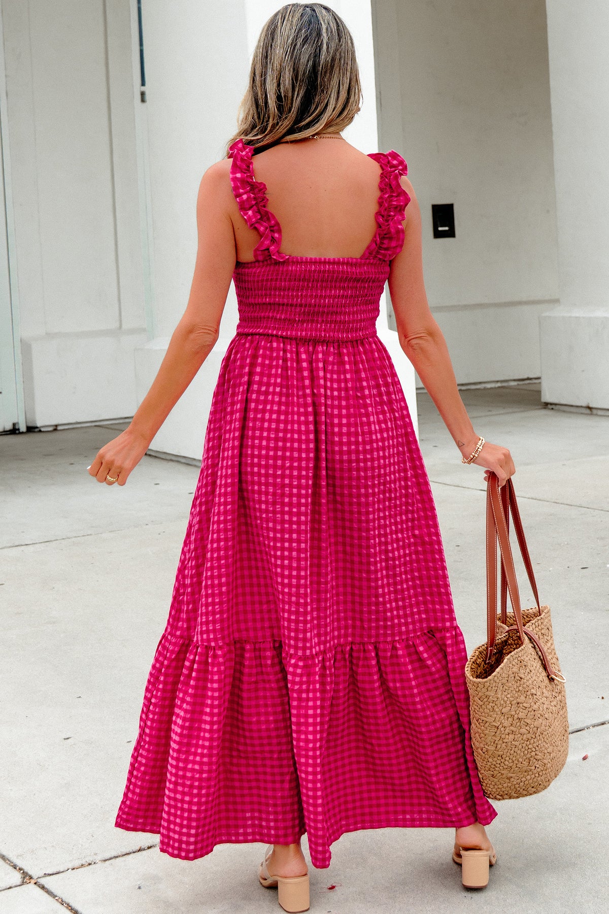 Red Plaid Square-Neck Maxi Dress