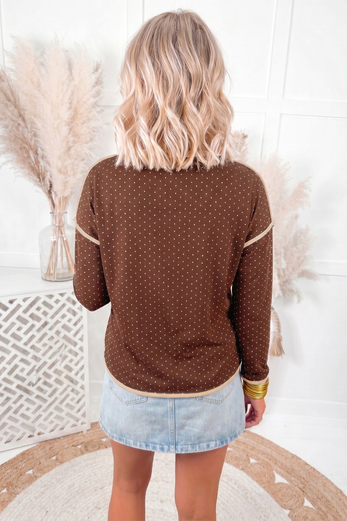Brown Contrast Trim Polka Dot Pullover Top