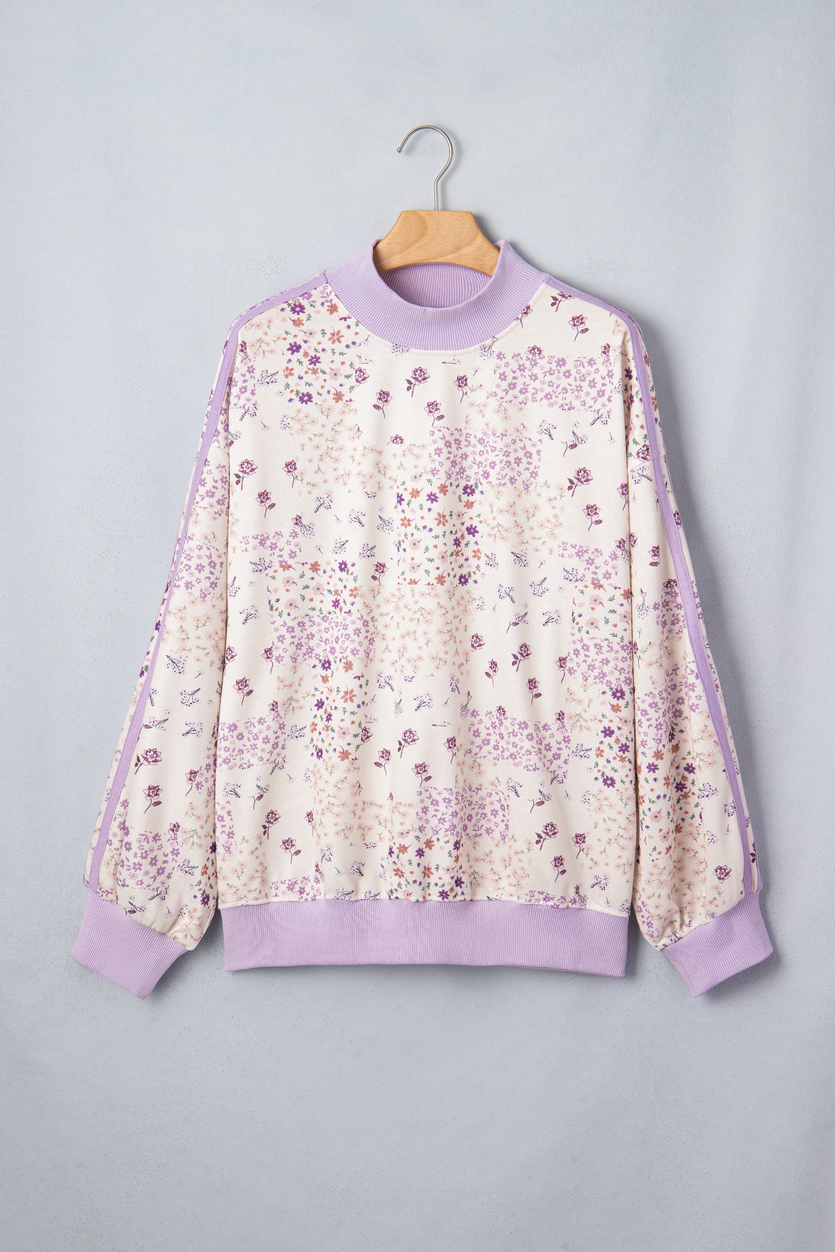Purple Floral Print High Neck Sleeve Paneling Sweatshirt
