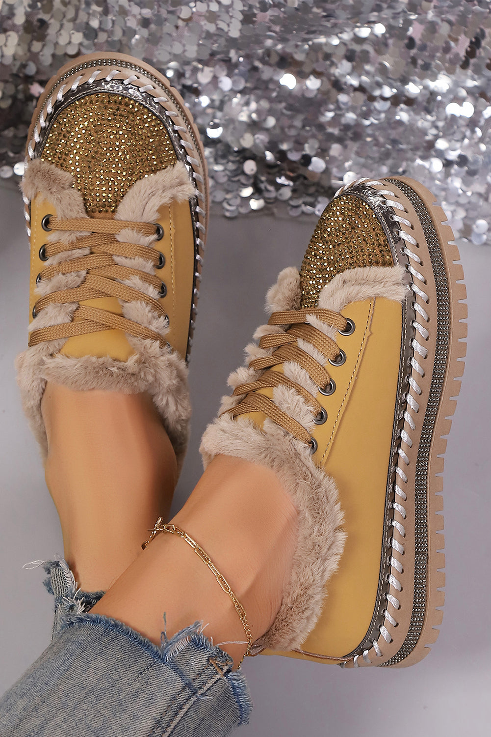 Thai Curry Rhinestone Faux-Fur Lined Lace-Up Shoes