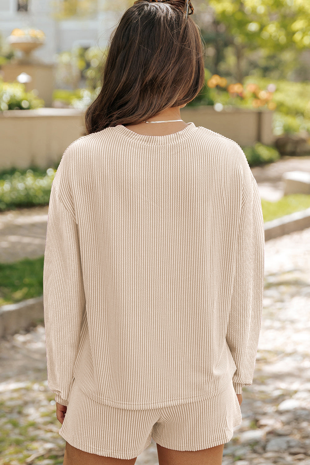 Women's Corded Knit Long-Sleeve Top & High-Waist Shorts Set