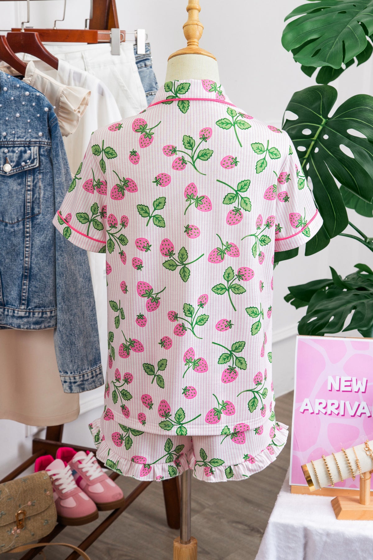 Pink Striped Strawberry Print Lapel Shirt and Shorts Pajama Set