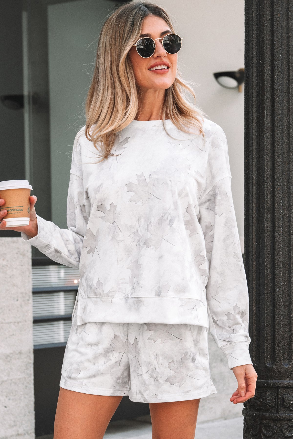 Women's Beige Maple Camo Print Pullover Top & Shorts Two-Piece Set