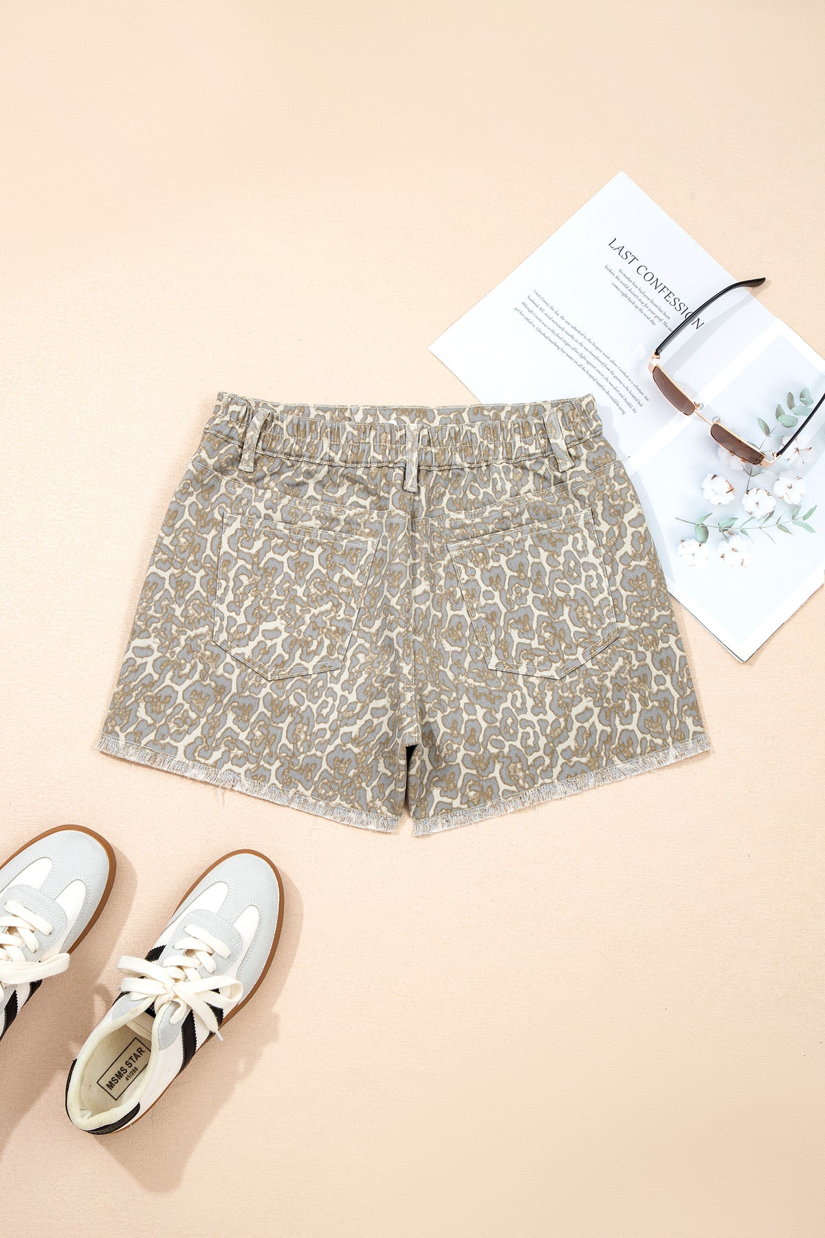 Khaki Raw Edge Leopard Print Denim Shorts