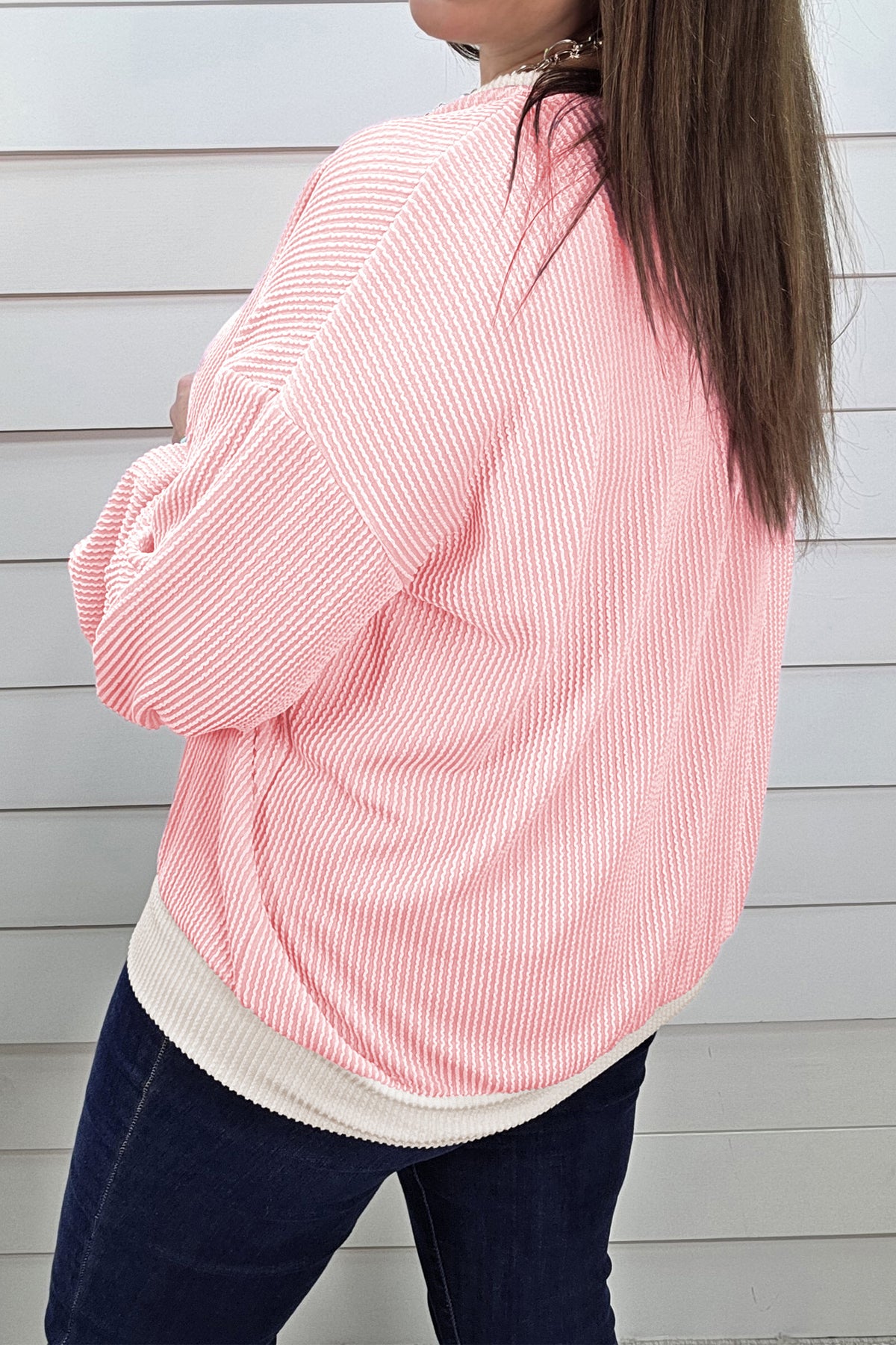 Pink Ribbed Knit Color-Block Long-Sleeve Round-Neck Plus Size Blouse
