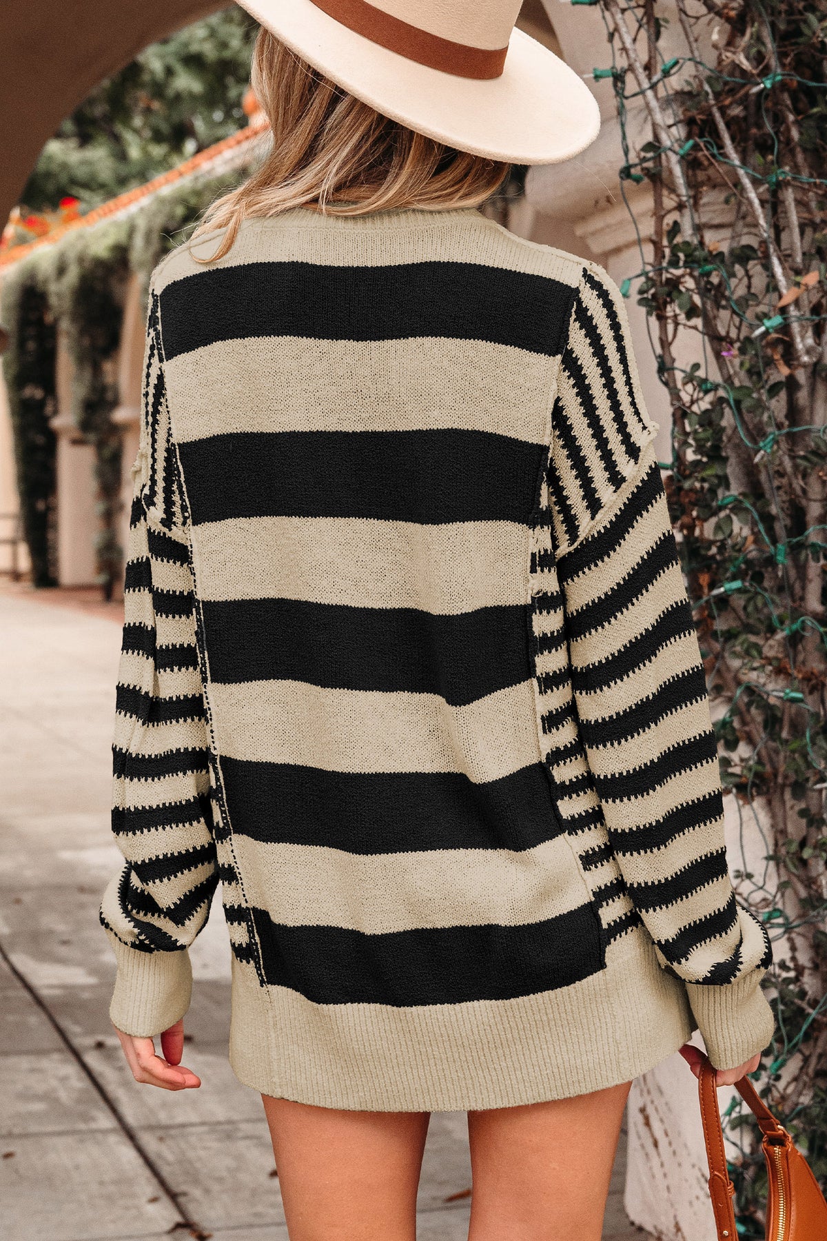 Brown Stripe Drop Shoulder Sleeve Patchwork Baggy Sweater