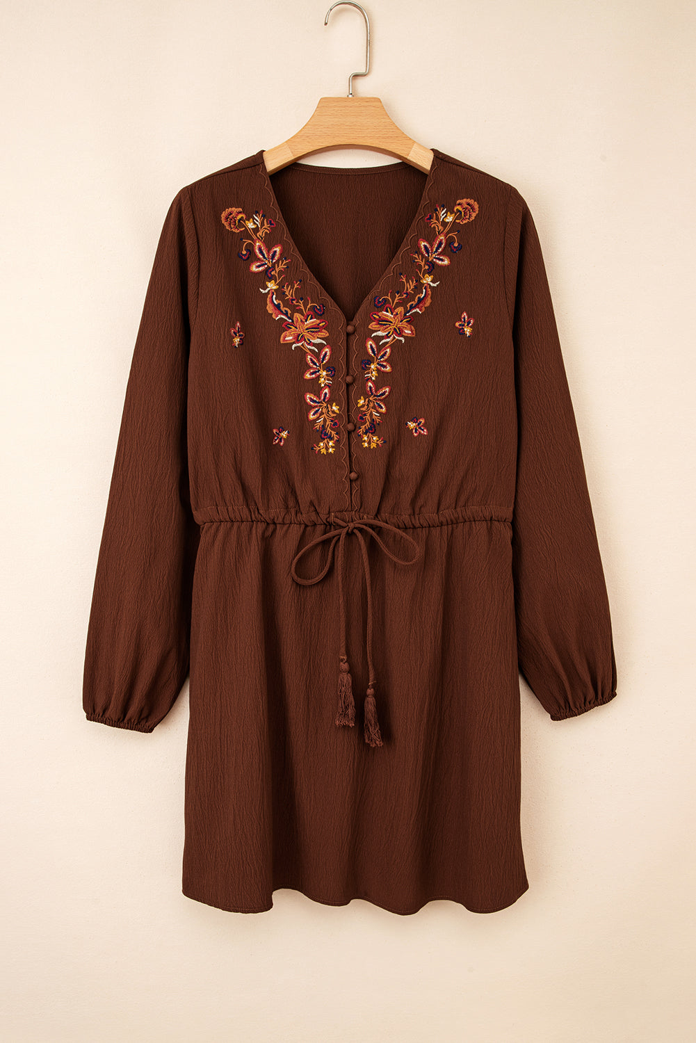 Burgundy Floral Embroidered Tassel Long Sleeve Mini Dress
