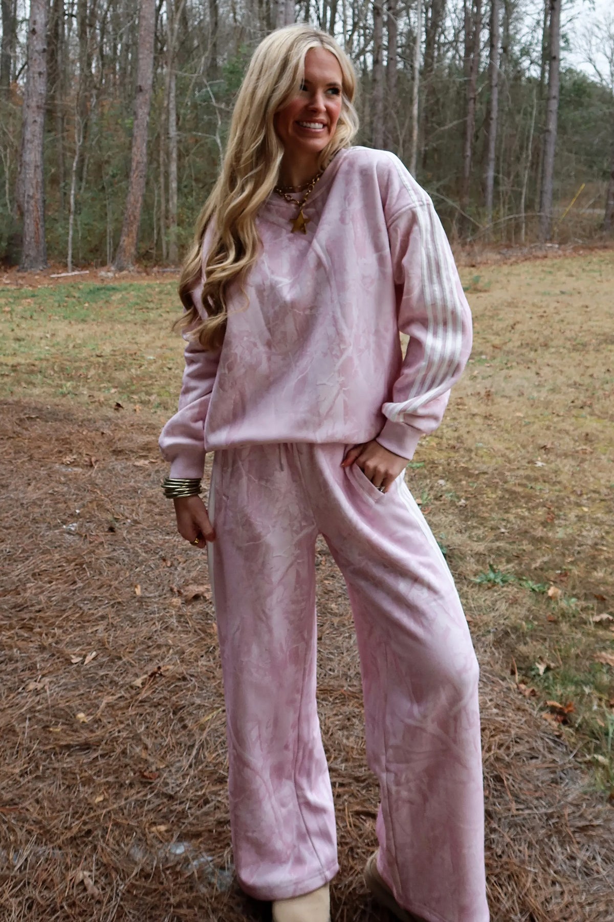 Pink Abstract Print Side Stripe Detail Long Sleeve Top Pants Set