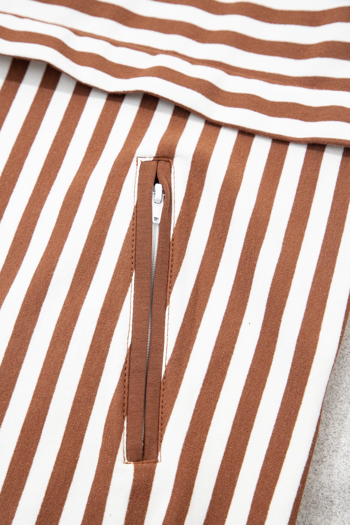 Women's Brown Stripe Color Block Patchwork Quarter Zip Pullover Sporty Shorts Set