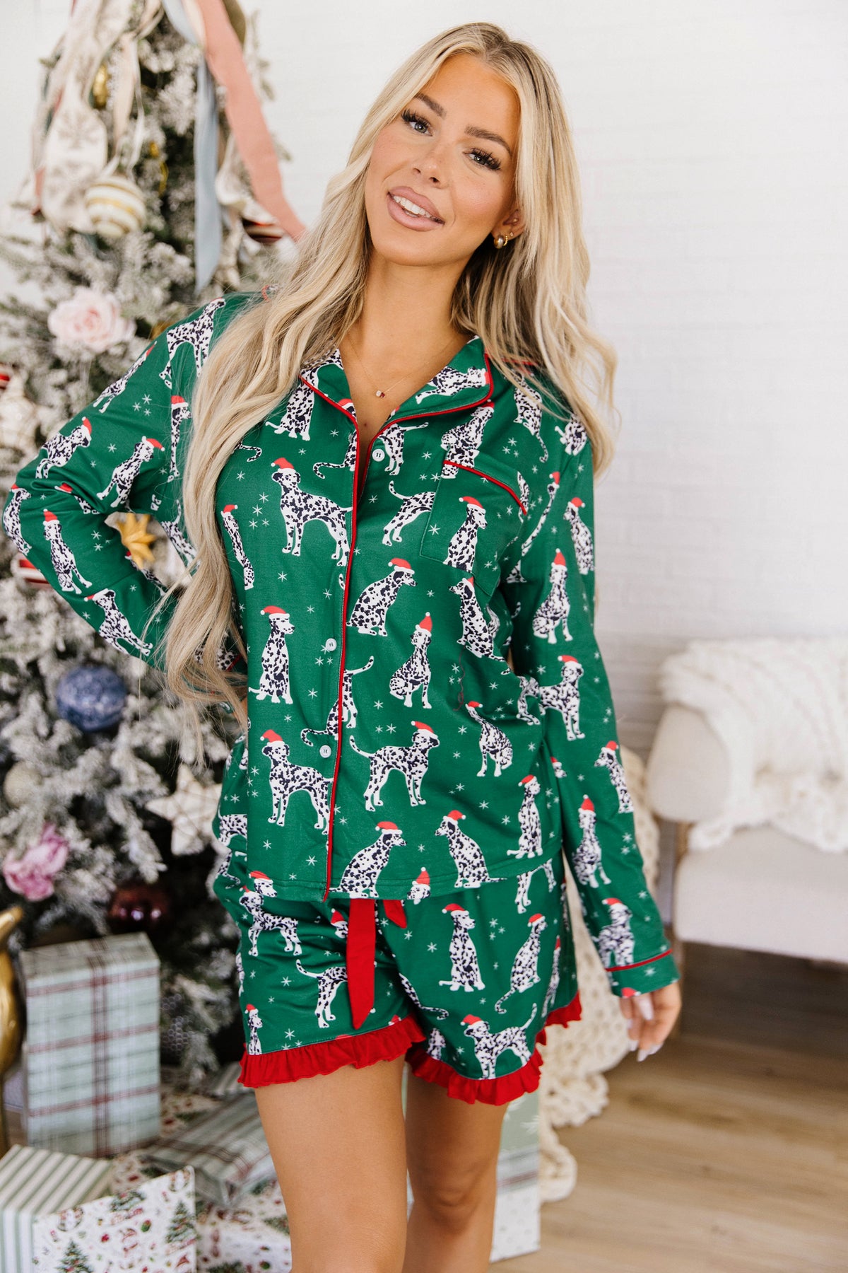 Green Long Sleeve Dog Print Shift Lounge Set