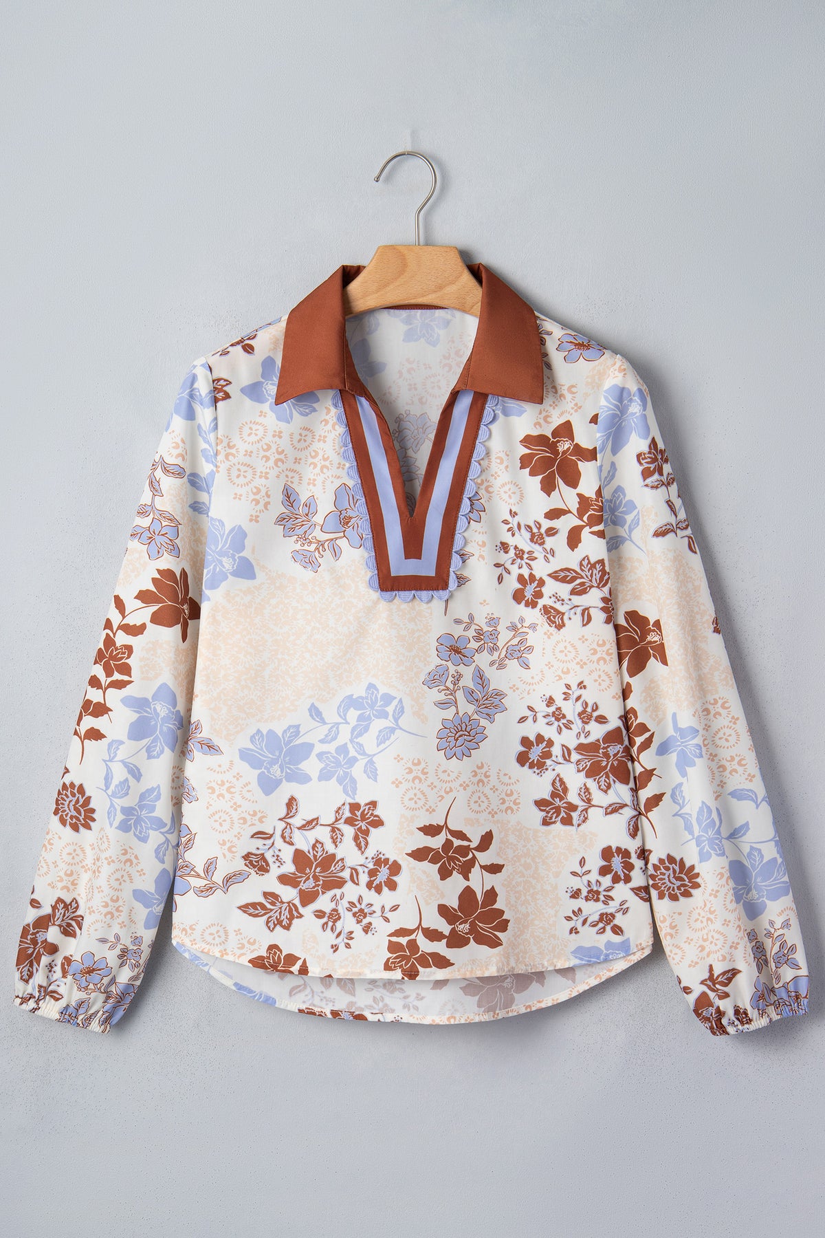 White Floral Print Colorblock V Neck Blouse