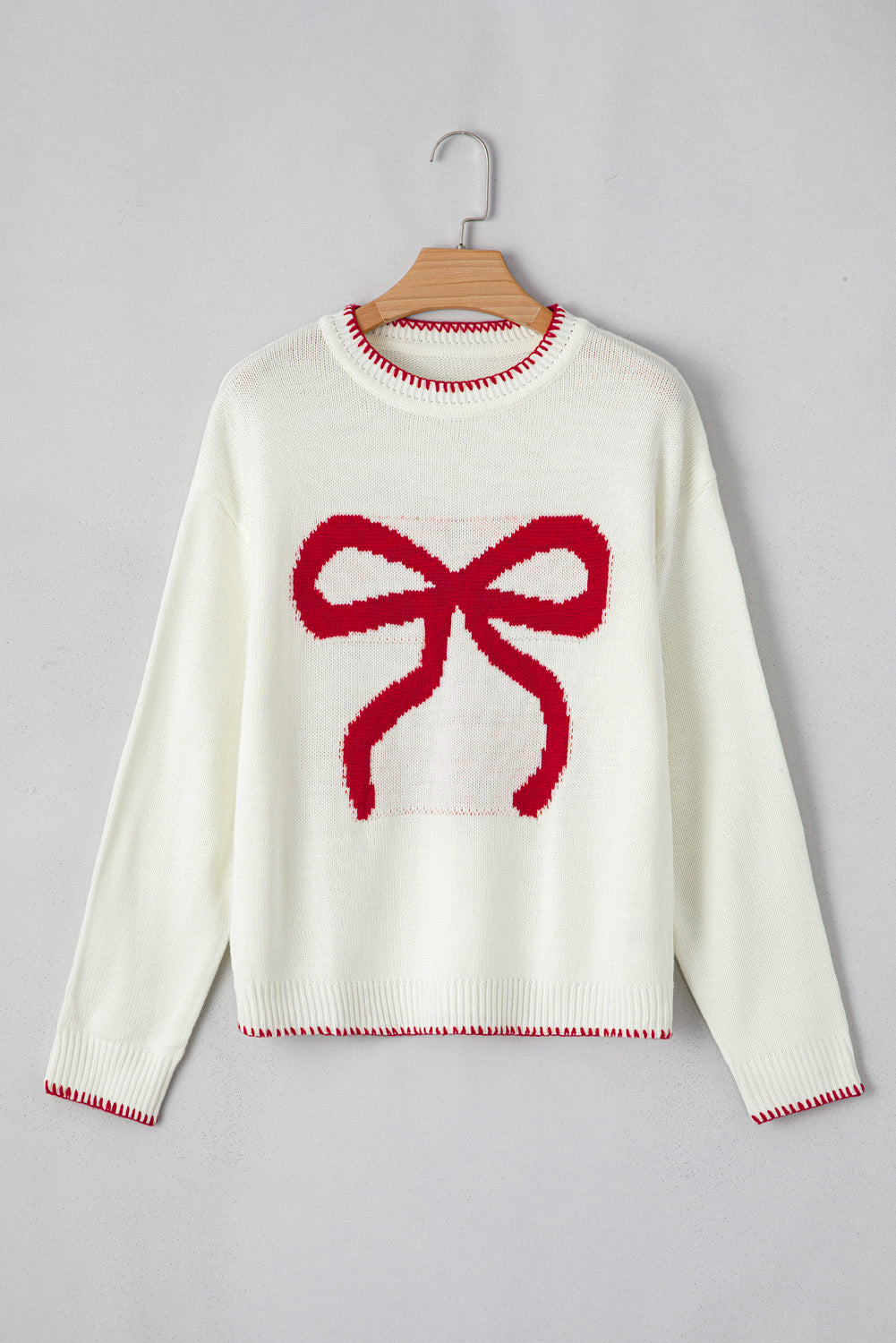 White Bow Pattern Contrast Trim Christmas Loose Graphic Sweater
