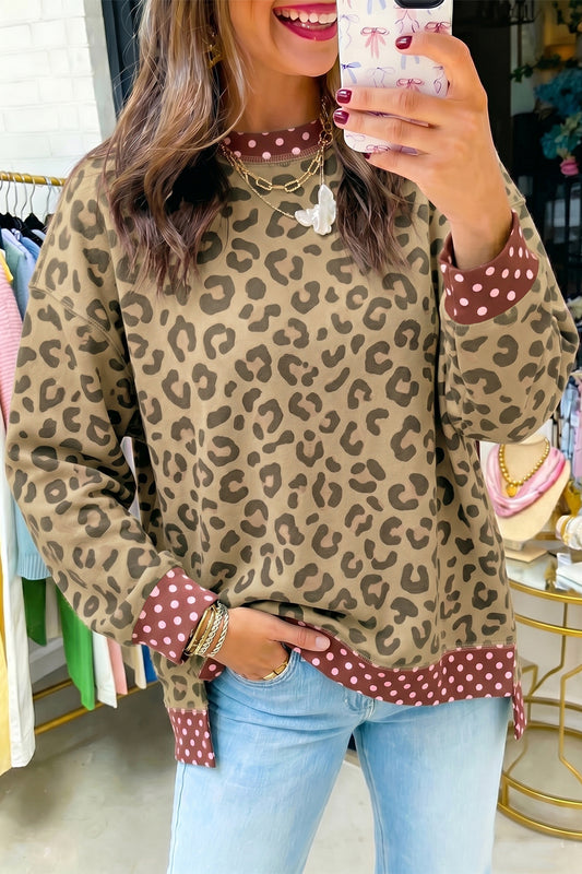Brown Leopard Polka Dot Colorblock Trim Top