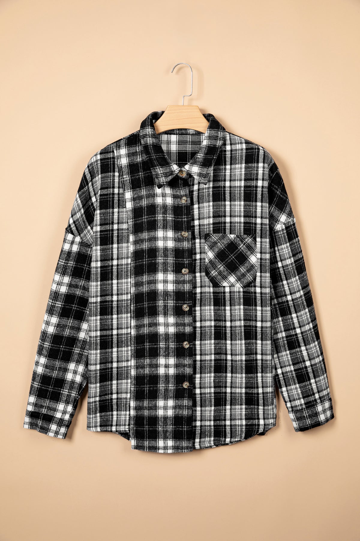 Black Plaid Long-Sleeve V-Neck Shift Plus Size Shirt Jacket