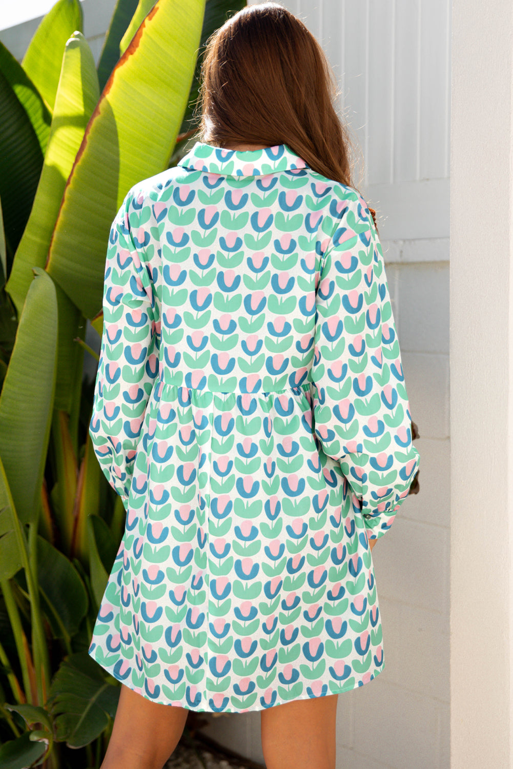 Green Floral Print Notched Neck Scalloped Long Sleeve Mini Dress