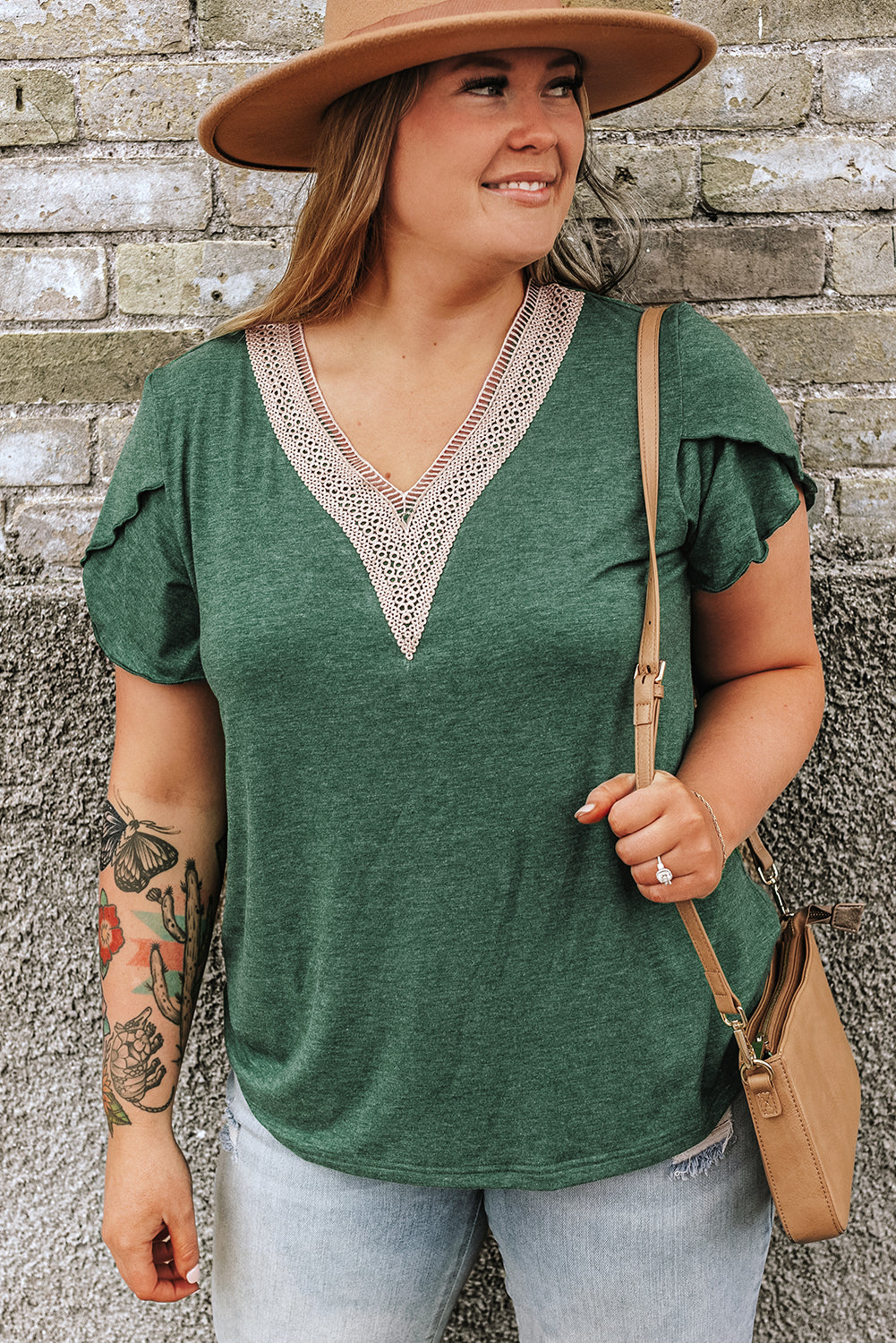 Blackish Green Plus Size Embroidery V-Neck Draped Sleeve Blouse