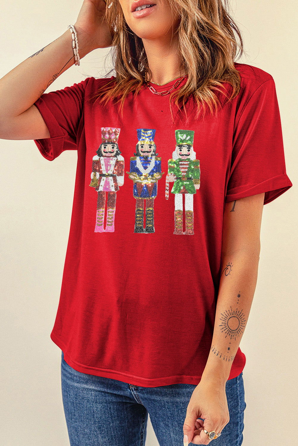 Red Sequined Christmas Nutcracker-man Graphic Cuffed Short Sleeve T-Shirt