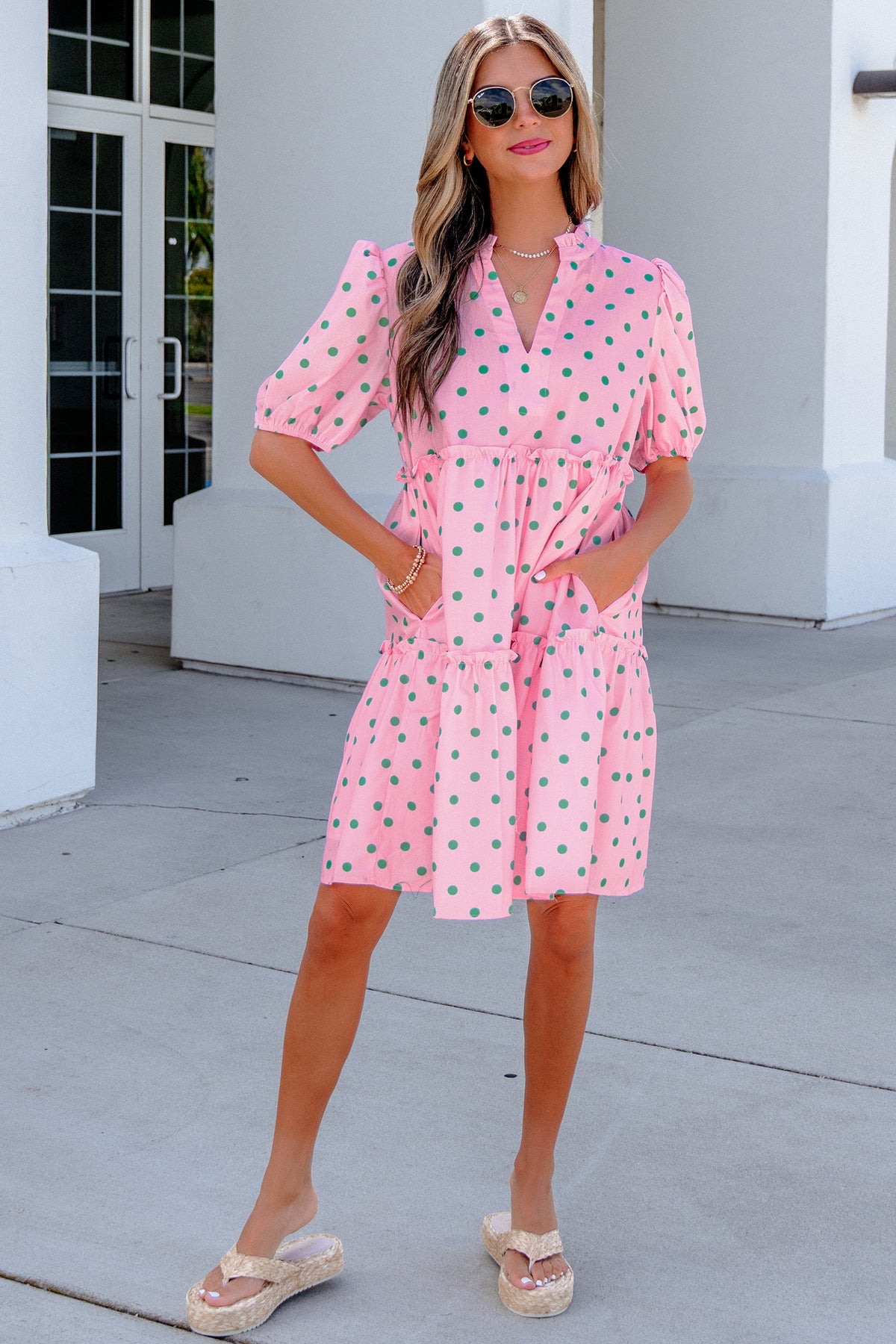 Pink Polka Dot V-Neck Mini Dress