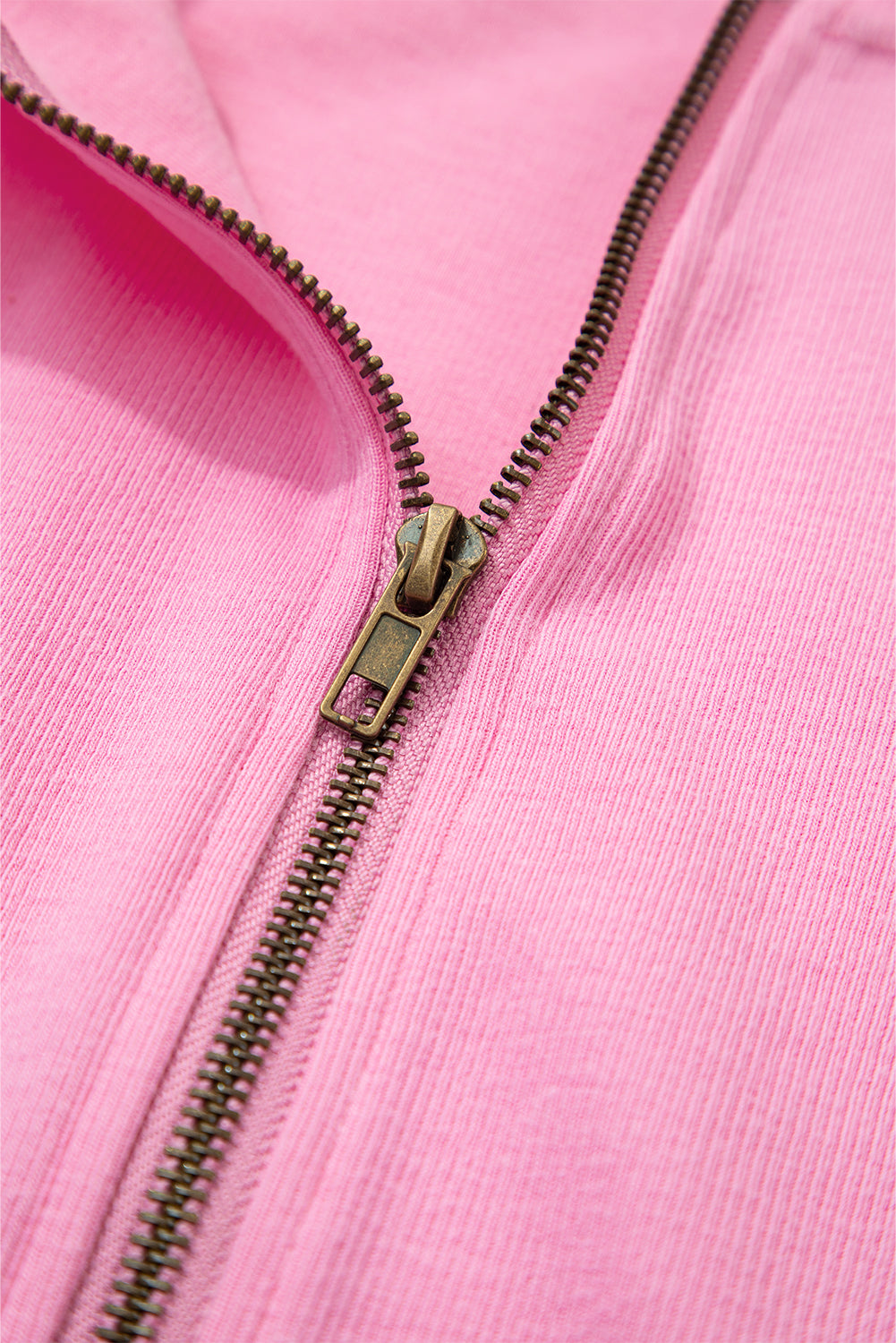 Sachet Pink Solid Color Ribbed Zip Up Drawstring Hooded Jacket