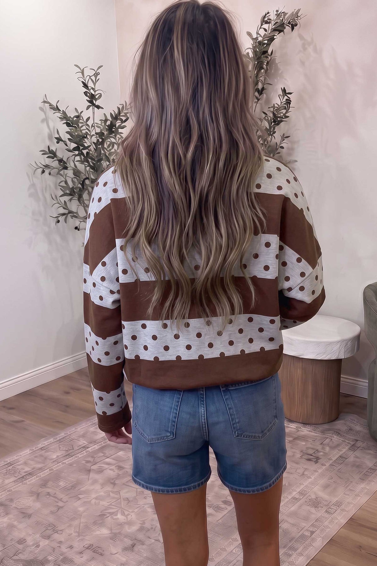 Brown Stripe Patchwork Polka Dot Accent Quarter Zip Top