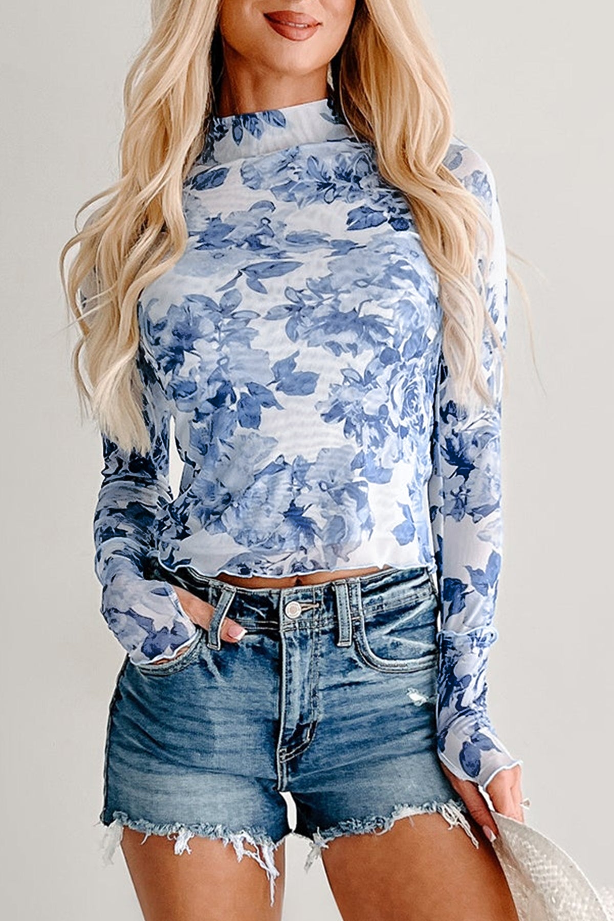 Sky Blue Floral Print Stand Neck Mesh Top