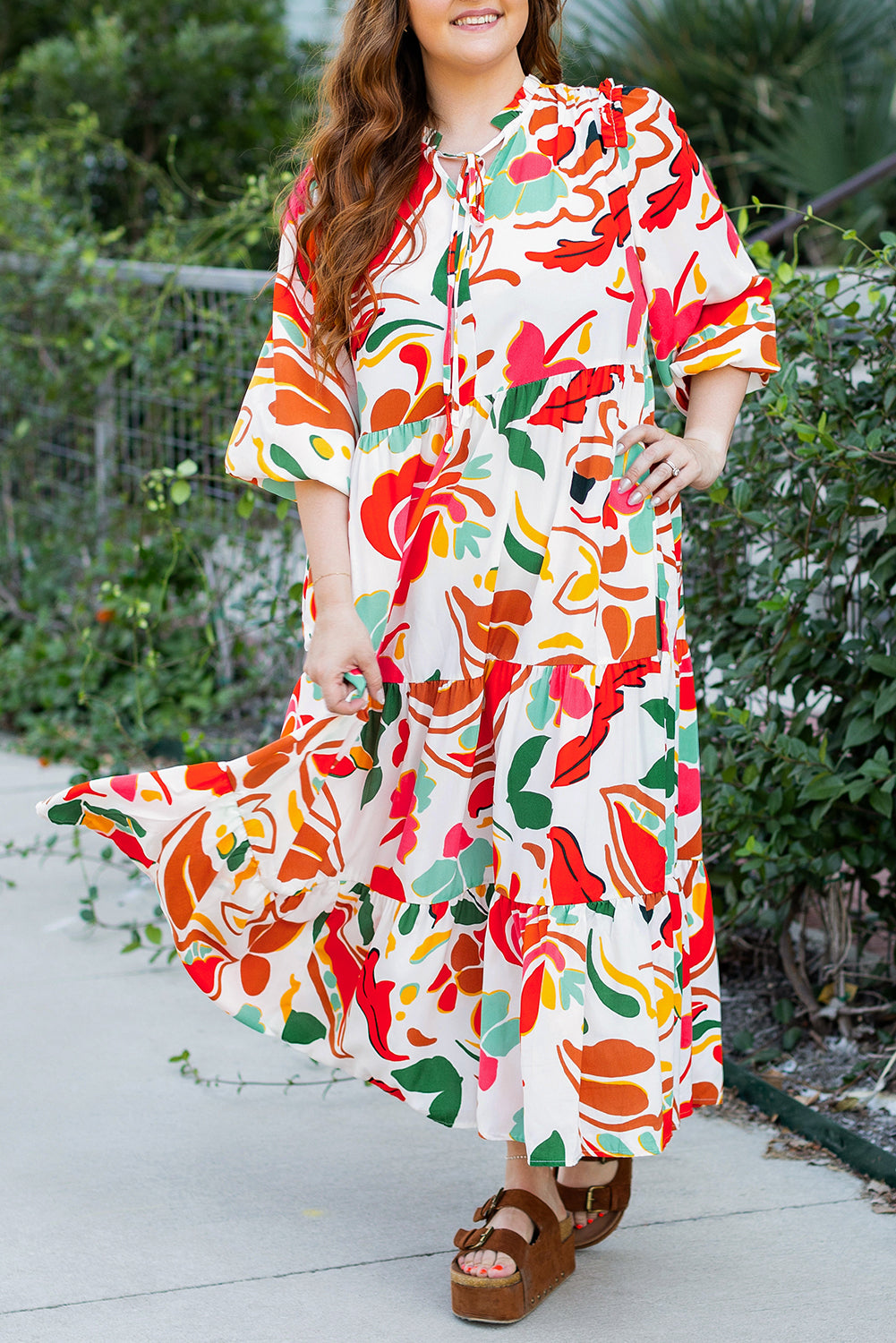 Orange Floral Print Drawstring V-Neck Tiered Plus Size Dress