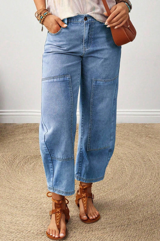 Beau Blue Decorative Seam Patchwork Solid Jeans