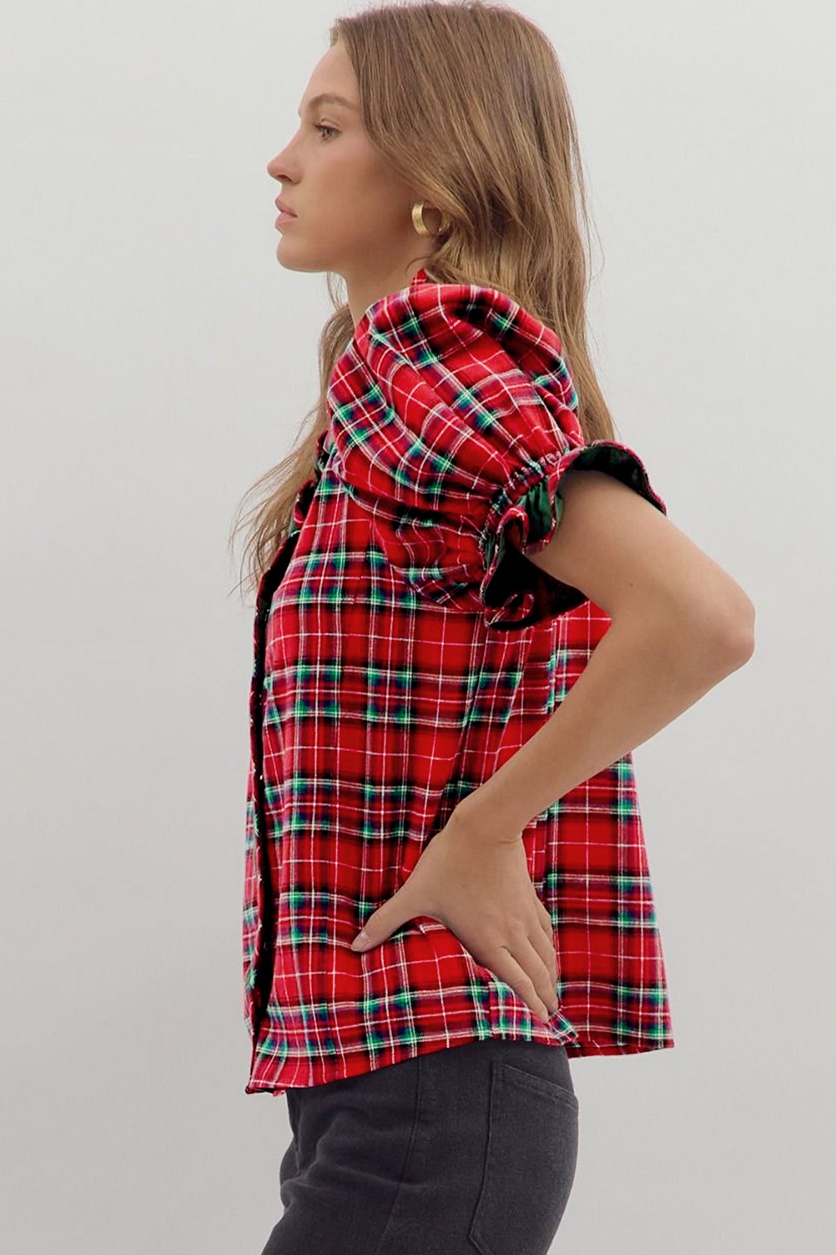 Red Plaid V Neck Ruffle Color Block Short Sleeve Shirt