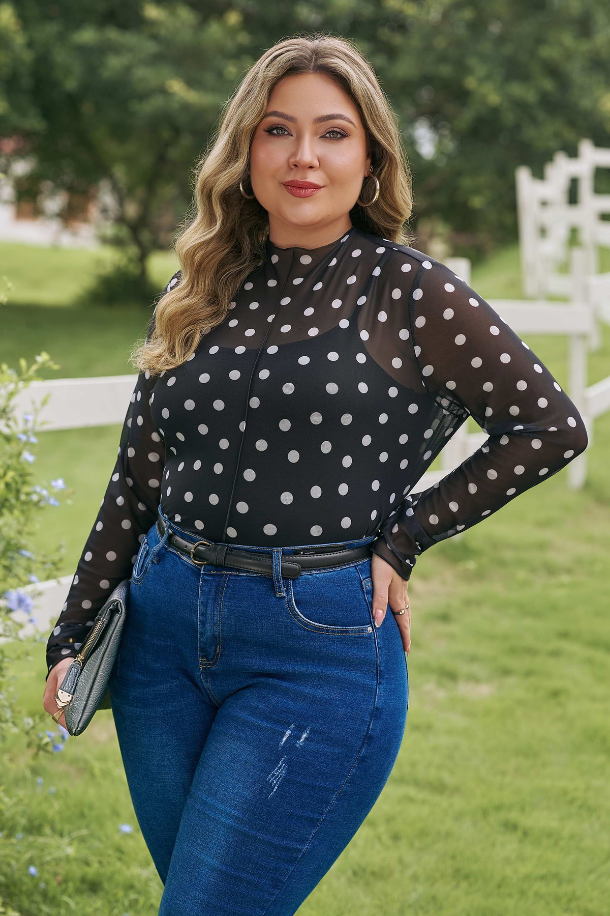 Black Plus Size Mock Neck Polka Dot Long-Sleeve Mesh Top