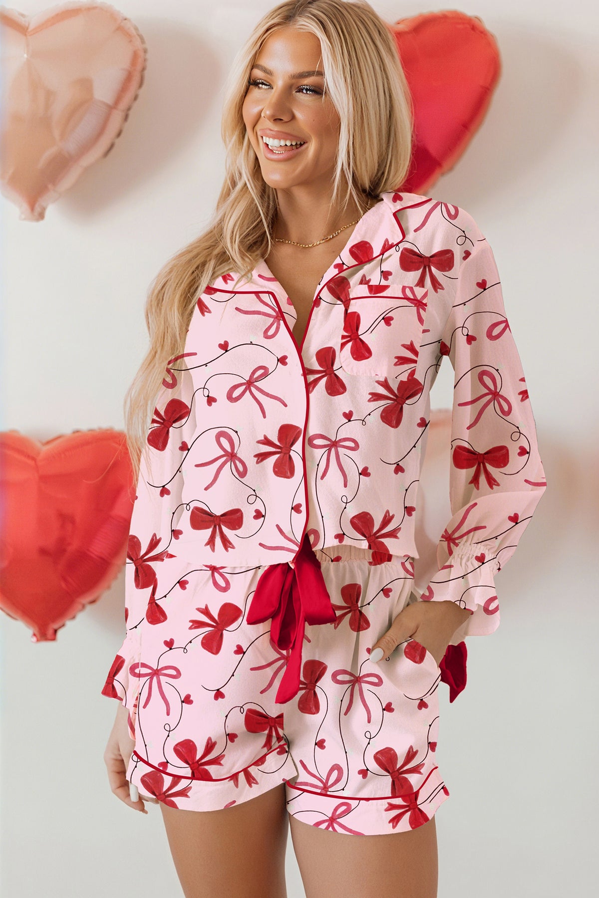 Red Bow Print Valentine Long Sleeve Shirt Shorts Pajama Set