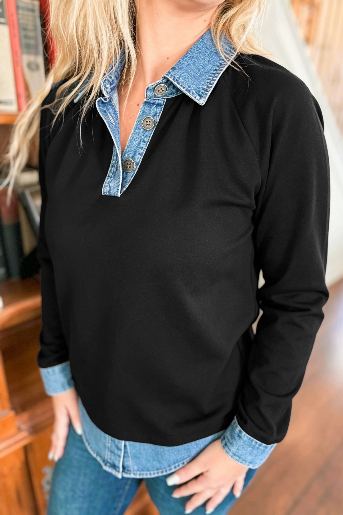 Black Solid Color-Block Long-Sleeve V-Neck Plus Size Blouse
