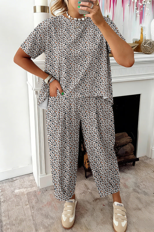 Women's White Leopard High-Low Tee Ankle Length Pants Set
