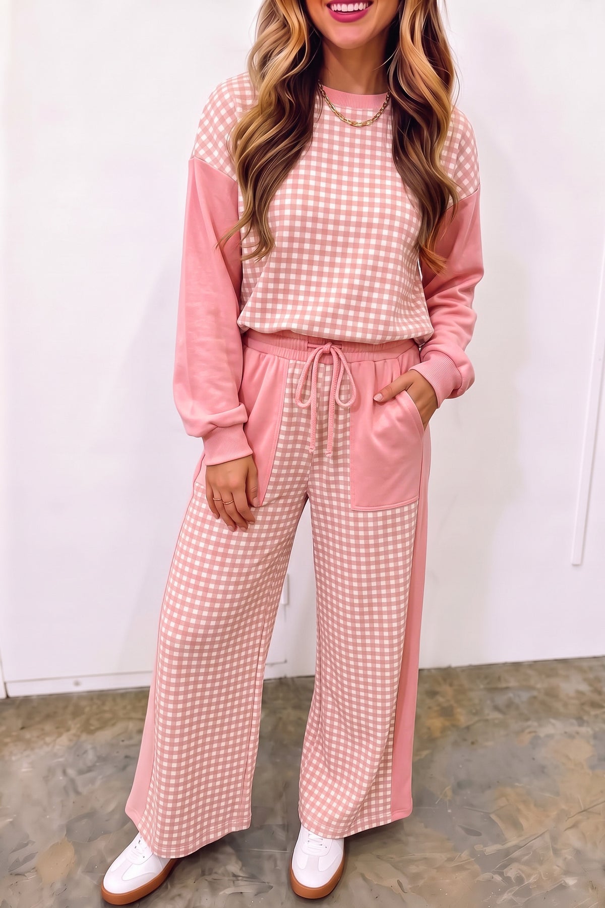 Women's Red Color Block Plaid Patchwork Long-Sleeve Pullover Wide-Leg Pants Set