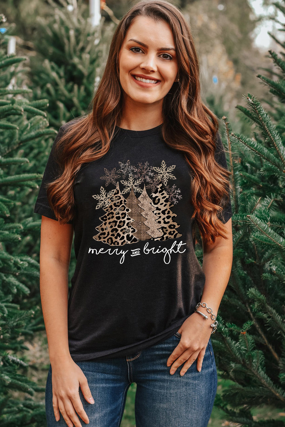 Black Leopard Christmas Tree Graphic Crew Neck T-Shirt