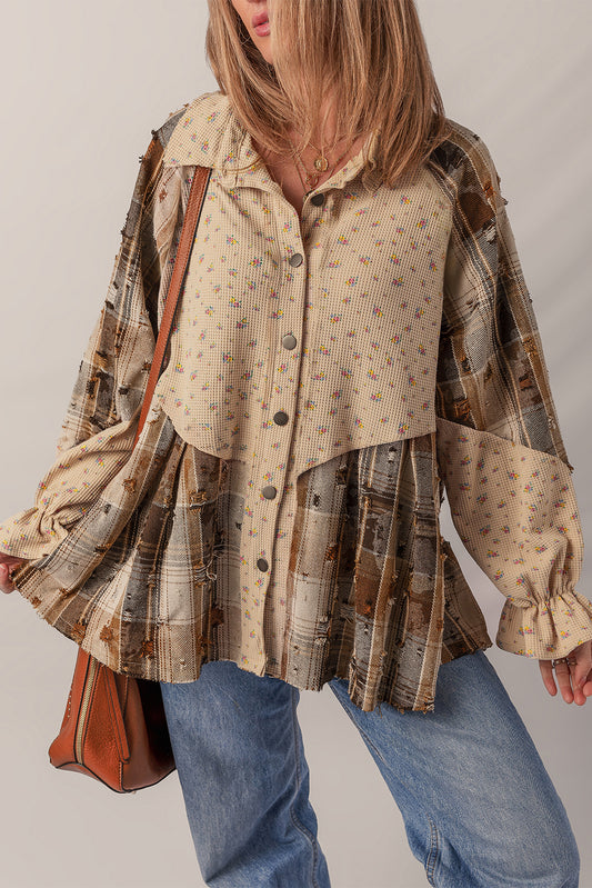 Oatmeal Boho Floral Plaid Distressed Ruffled Sleeve Waffle Knit Shacket