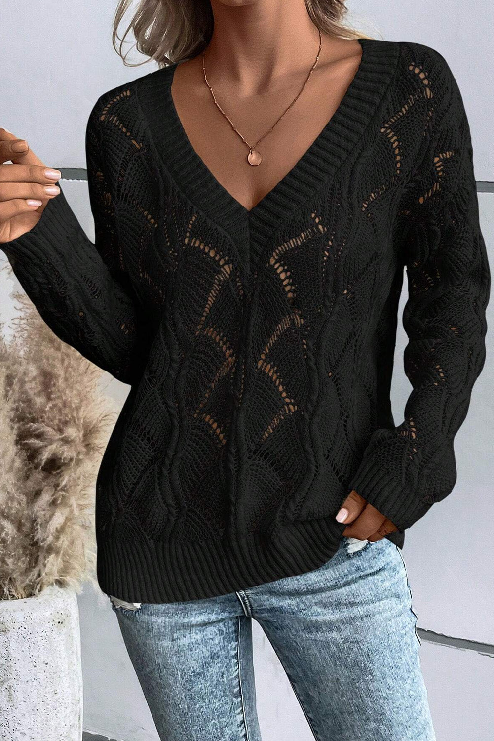 Black Hollow Out Knit V Neck Drop Shoulder Sweater