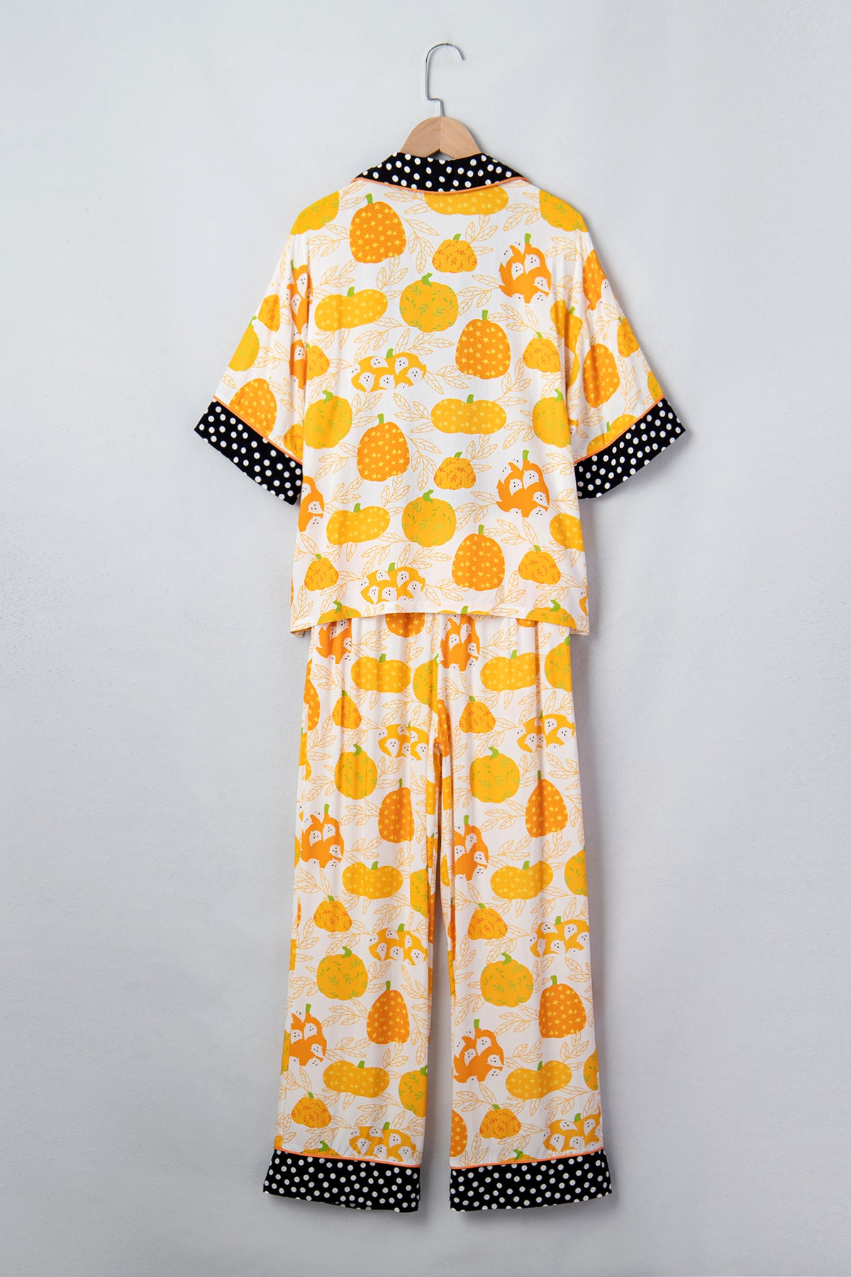 Orange Pumpkin Print Polka Dot Trim Short Sleeve Lounge Set