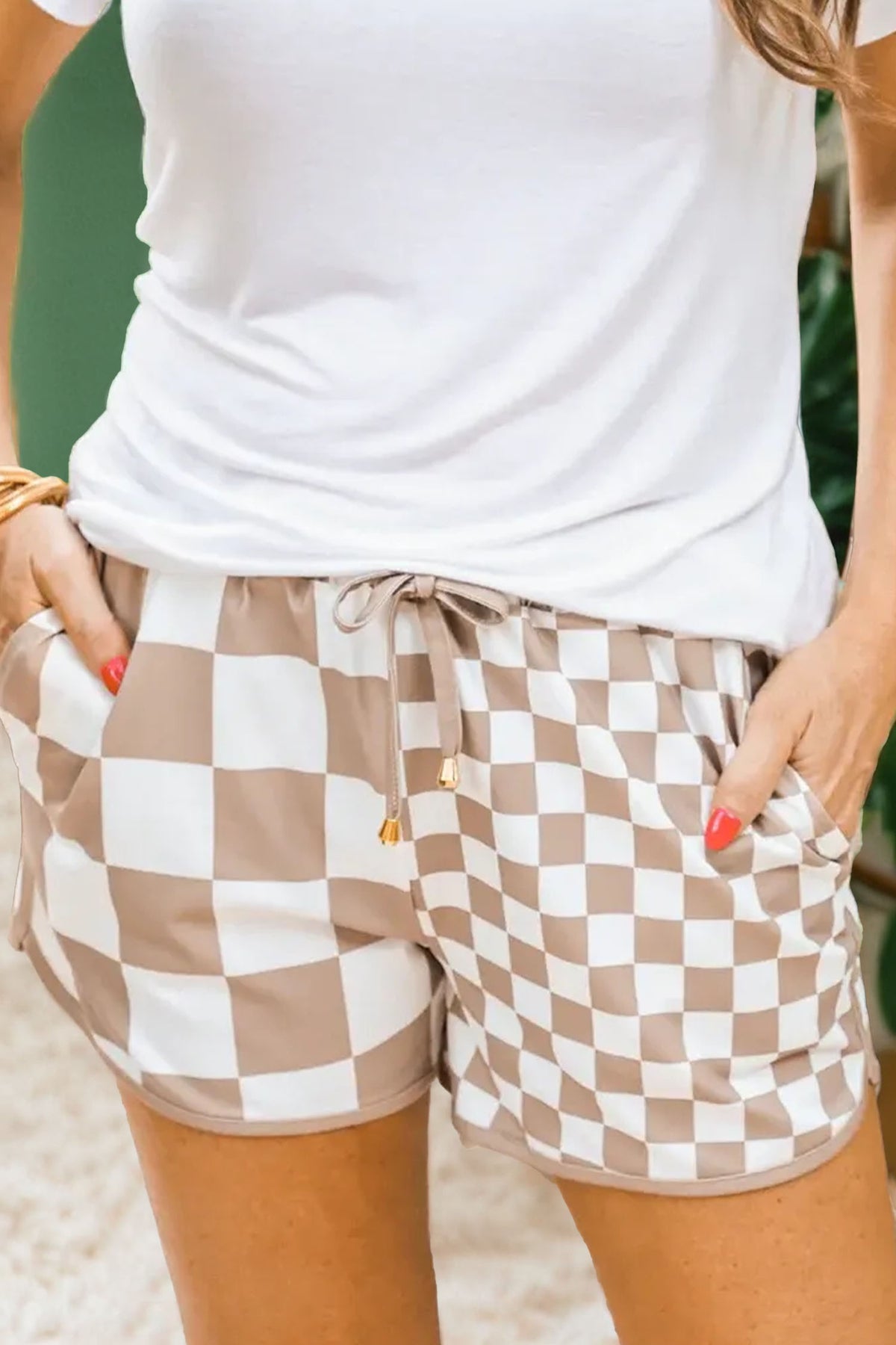 Khaki Double Checkered Print Beaded Drawstring Casual Shorts
