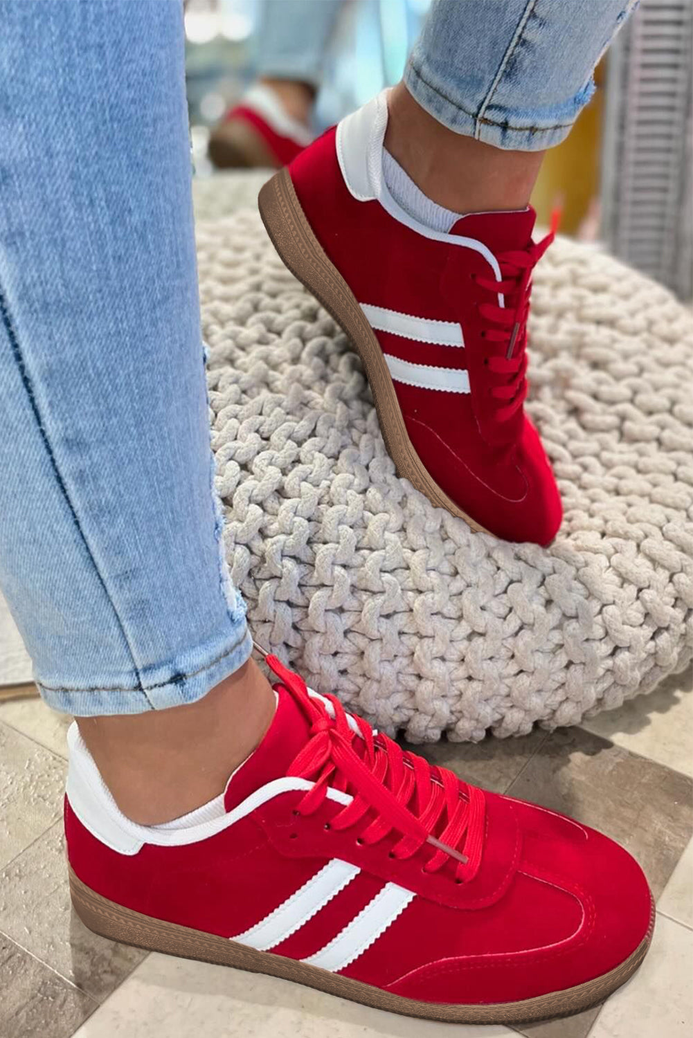 Fiery Red Vintage Striped Patchwork Lace-up Sneakers