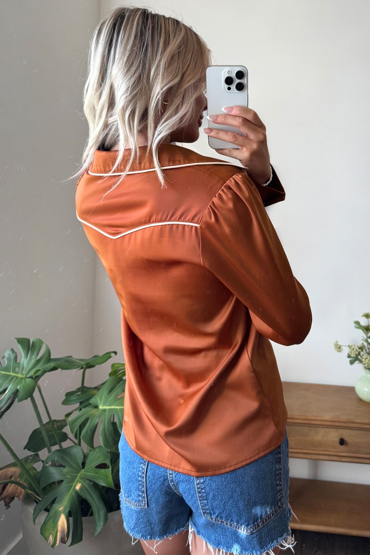 Cinnamon Silky Button Front Western Fashion Shirt