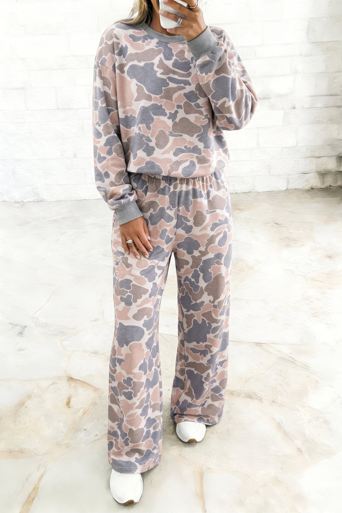 Women's Multicolour Camouflage Print Long-Sleeve Top Loose Two-Piece Pants Set