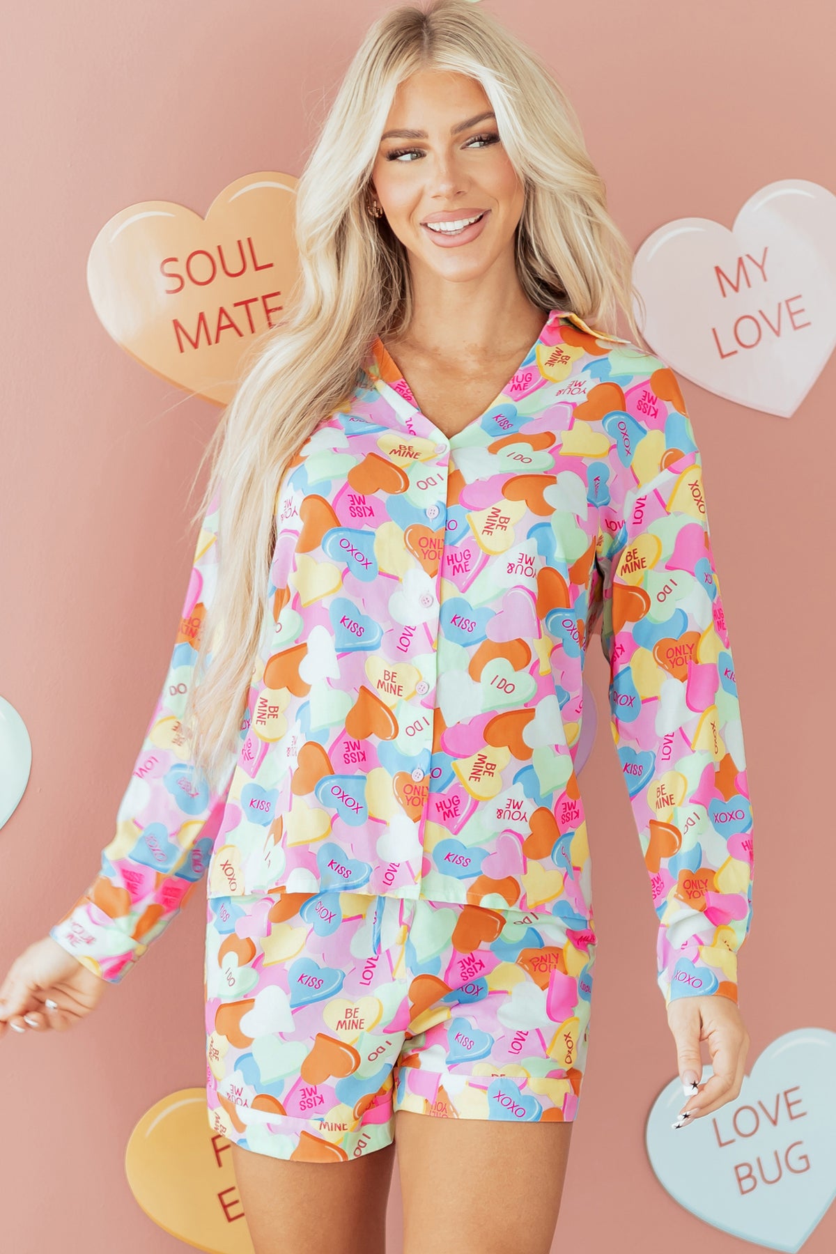 Pink Candy Heart V Neck Tunic Shirt and Shorts Pajama Set