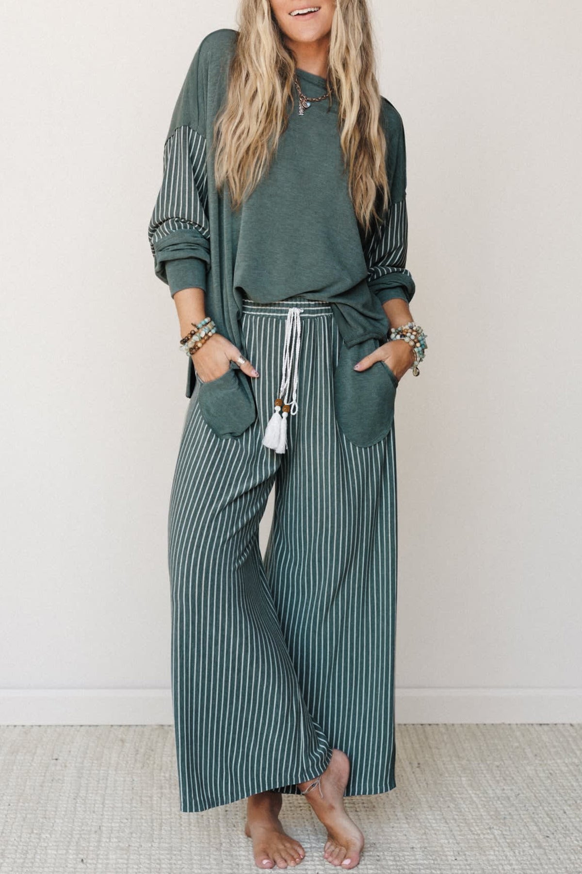 Women's Fushia Raw Seam Patchwork Long-Sleeve Top Pocket Casual Pants Two-Piece Set