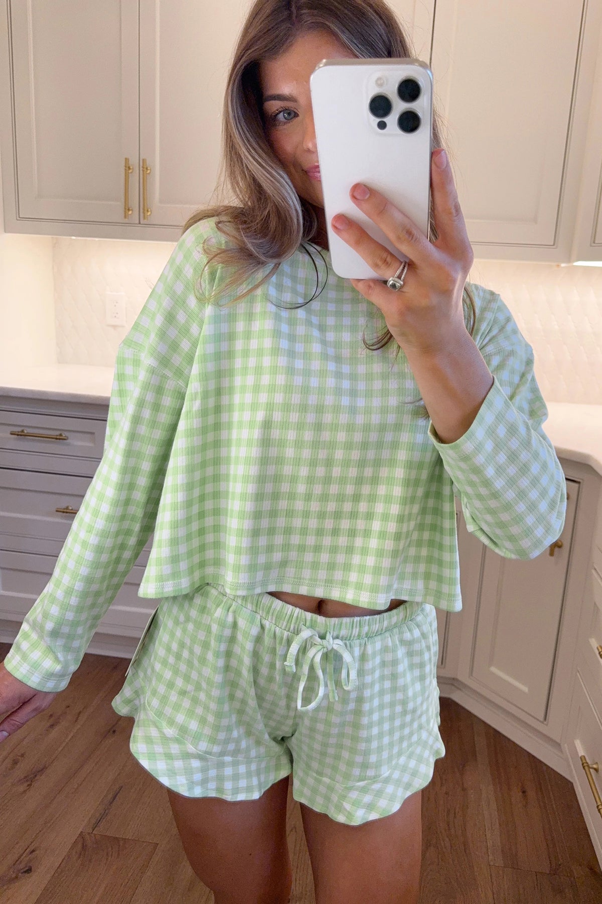 Green Gingham Long Sleeve Loose Top Drawstring Shorts Lounge Set