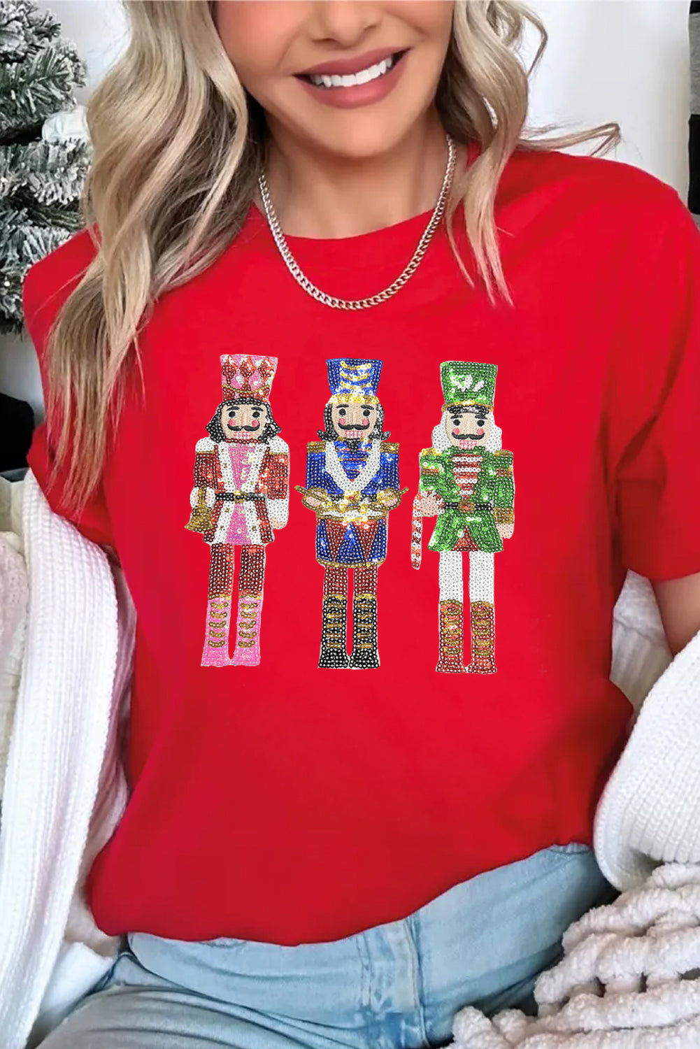 Red Sequined Christmas Nutcracker-man Graphic Cuffed Short Sleeve T-Shirt