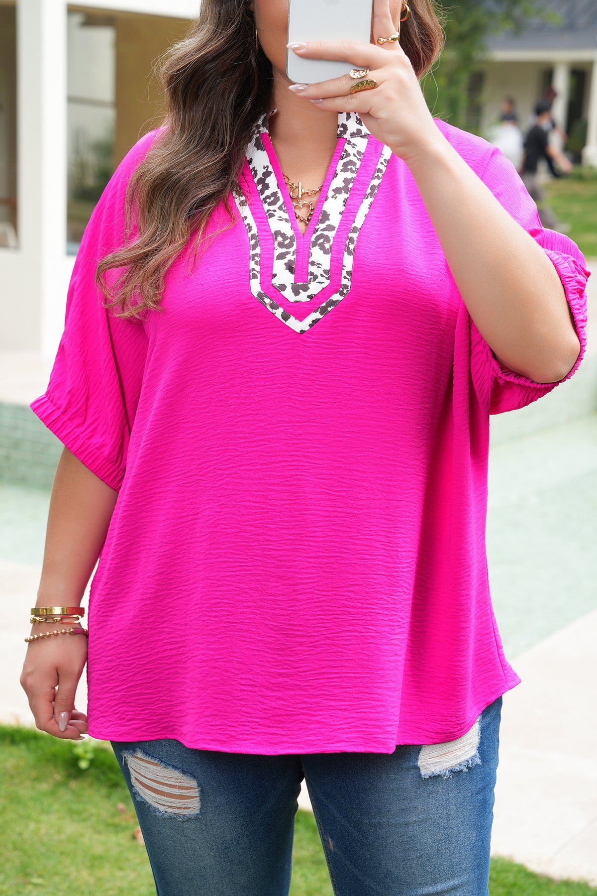 Rose Red Leopard Accent Notched Neck Plus Size Short-Sleeve Top