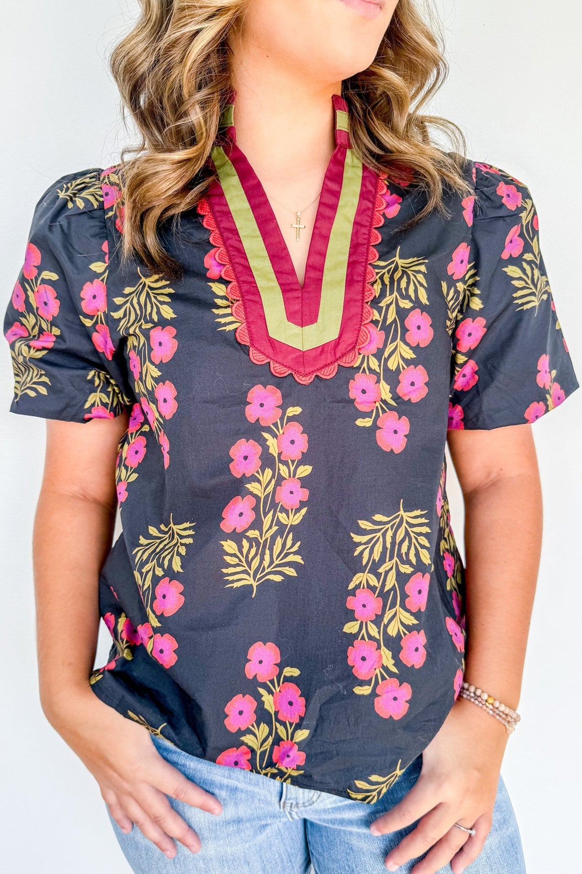 White Plus Size Floral Print Ricrac Striped Trim Short-Sleeve Cotton Blouse