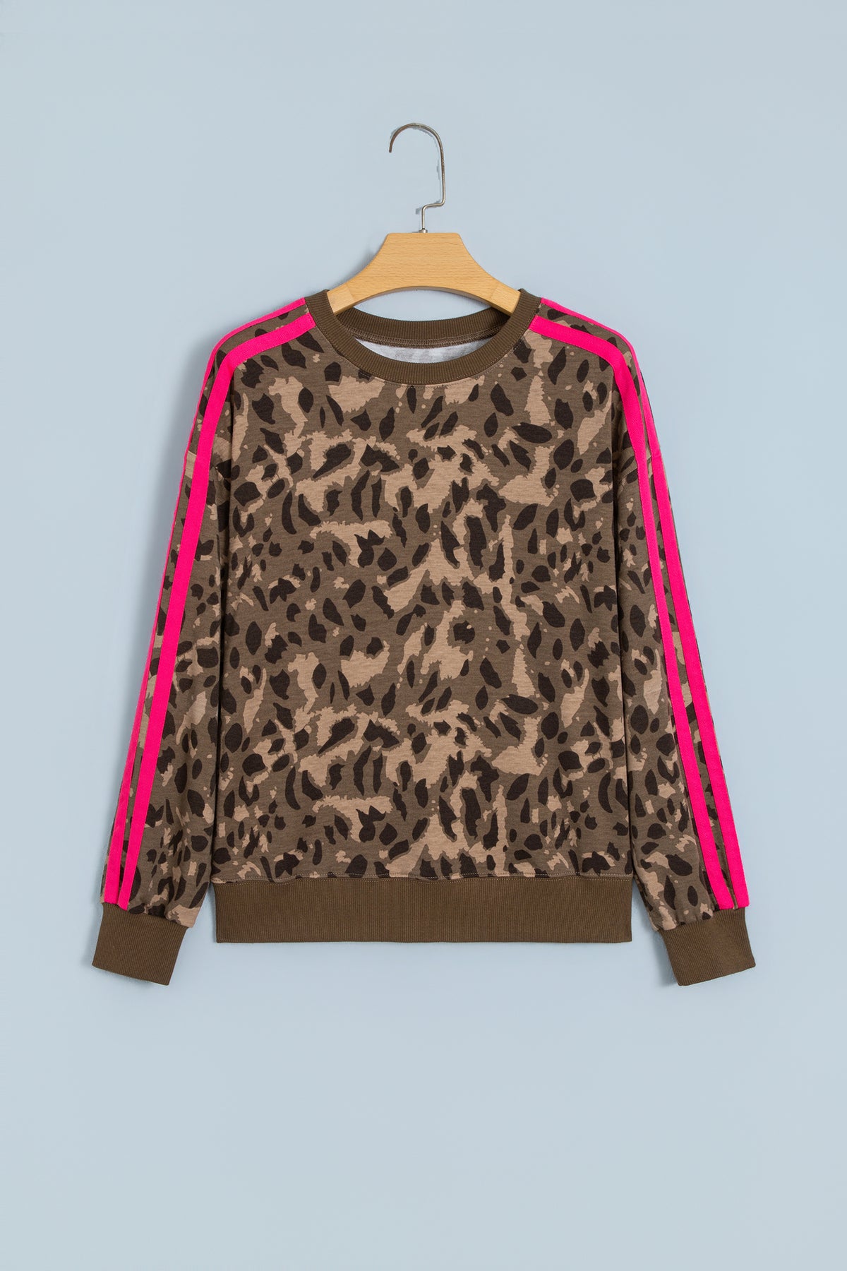 Brown Leopard Print Striped Pullover Sweatshirt