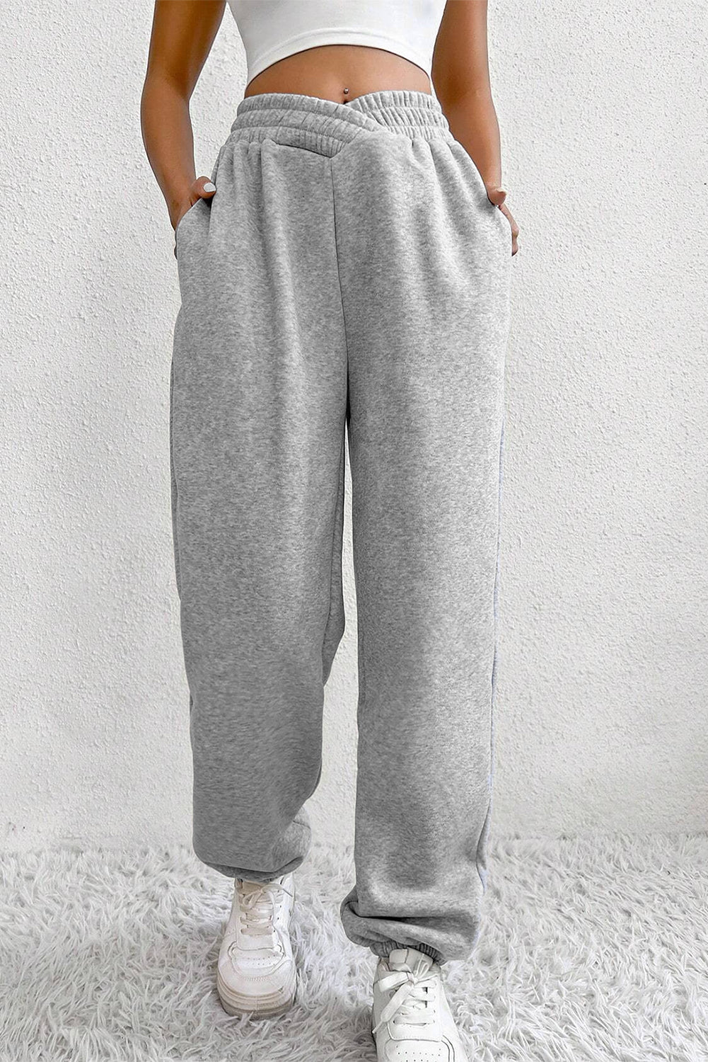 Light Grey Solid Crisscross Elastic Waist Sweatpants
